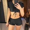 Lace Up Short Sleeve High Waist Bikini Female Swimsuit Women Swimwear Two-pieces Bikini Set Bather Bathing Suit