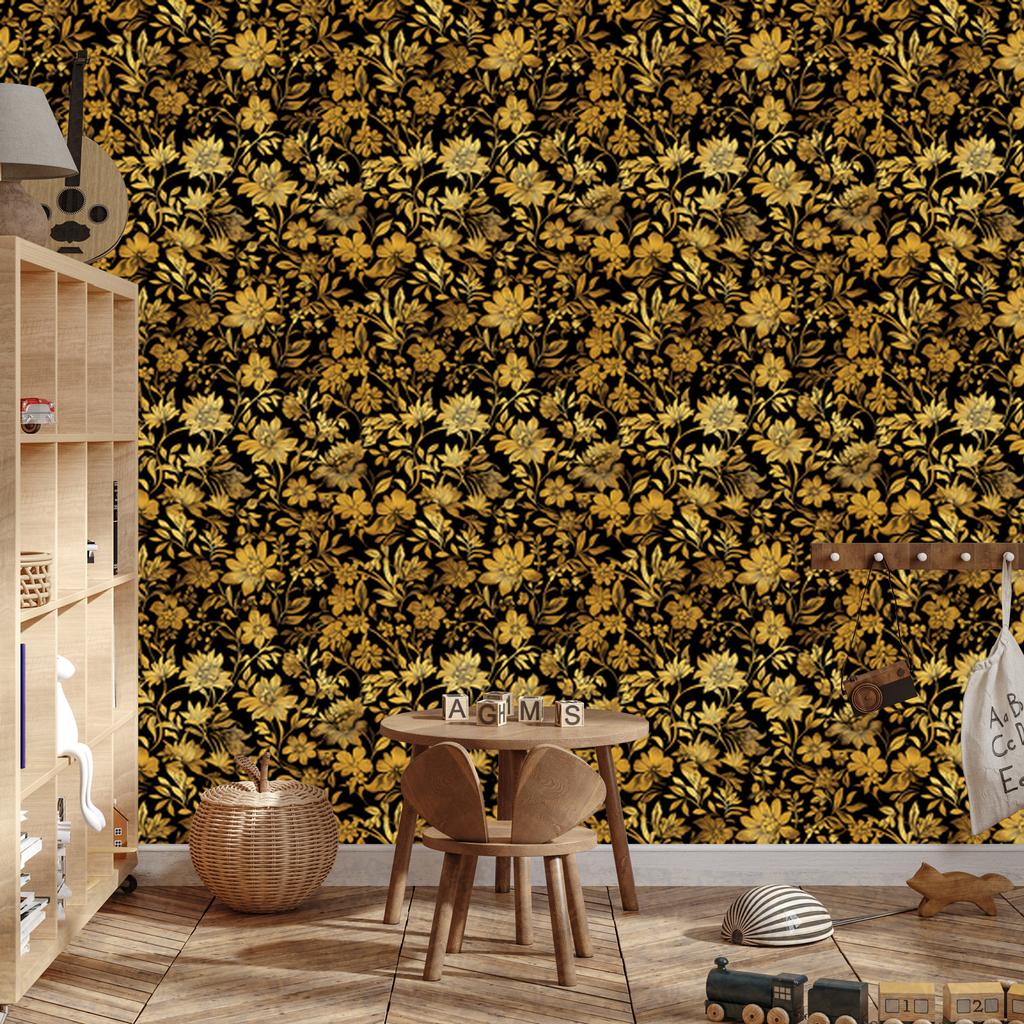Golden Hibiscus Ochre Wallpaper, Subtle Detail for Living Room and Bedroom 50x1000