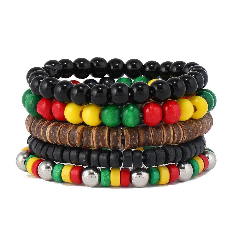 Набор из 5 разноцветных браслетов в стиле регги, штабелируемых, Бохо, этнический, ручной работы, подарки, Красный, желтый, зеленый, черный, деревянные, бусины, браслет