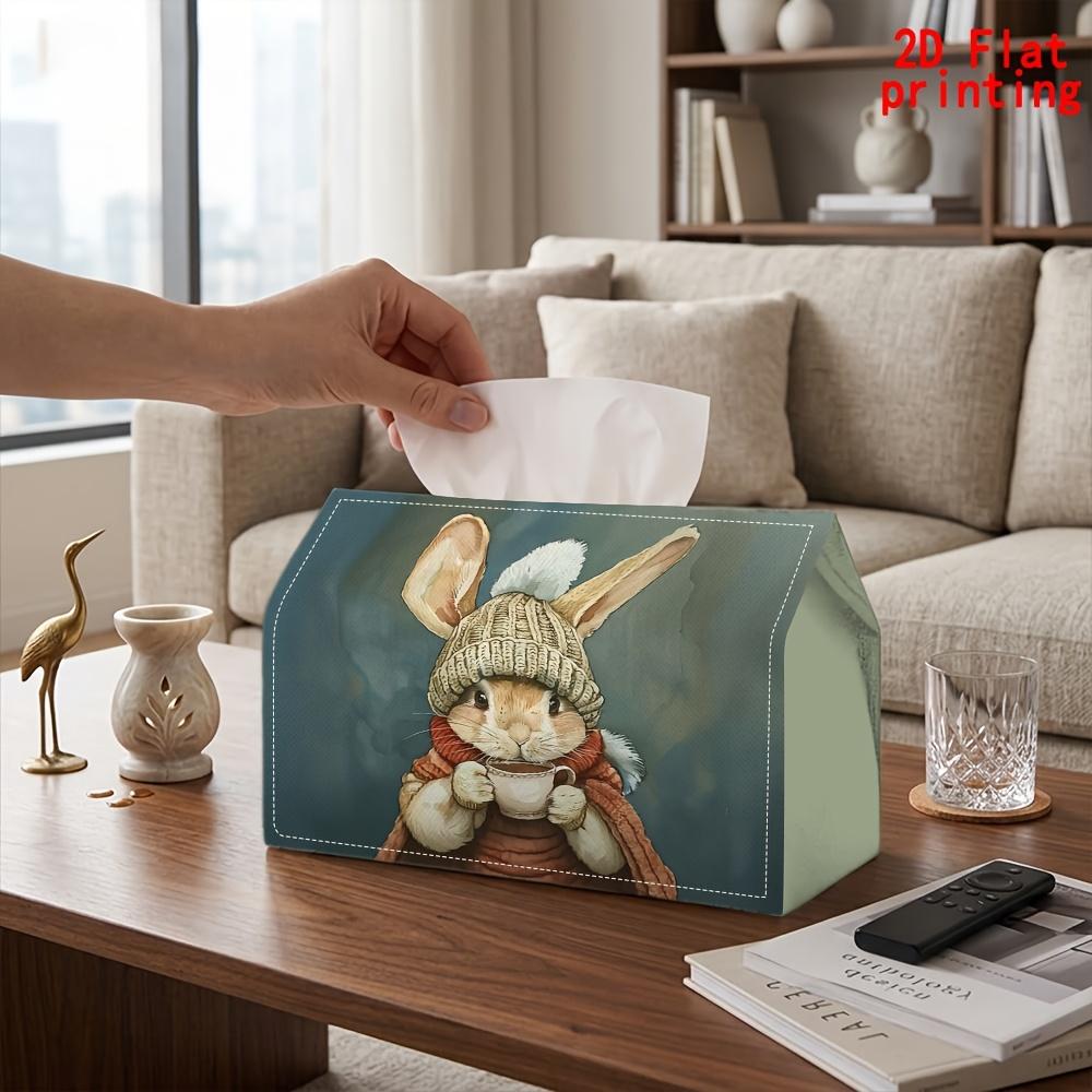 2D Flat 1pc, Tissue Box. Rabbit Wearing Hat Drinking Coffee Pattern Napkin Paper Dispenser, Reusable, Daily Desktop Tissue Storage Box, Suitable for K