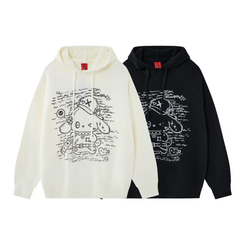 Unisex Retro Lazy Style Knit Hoodie With Cat Print - Soft Acrylic Oversized Sweater Winter Casual Wear