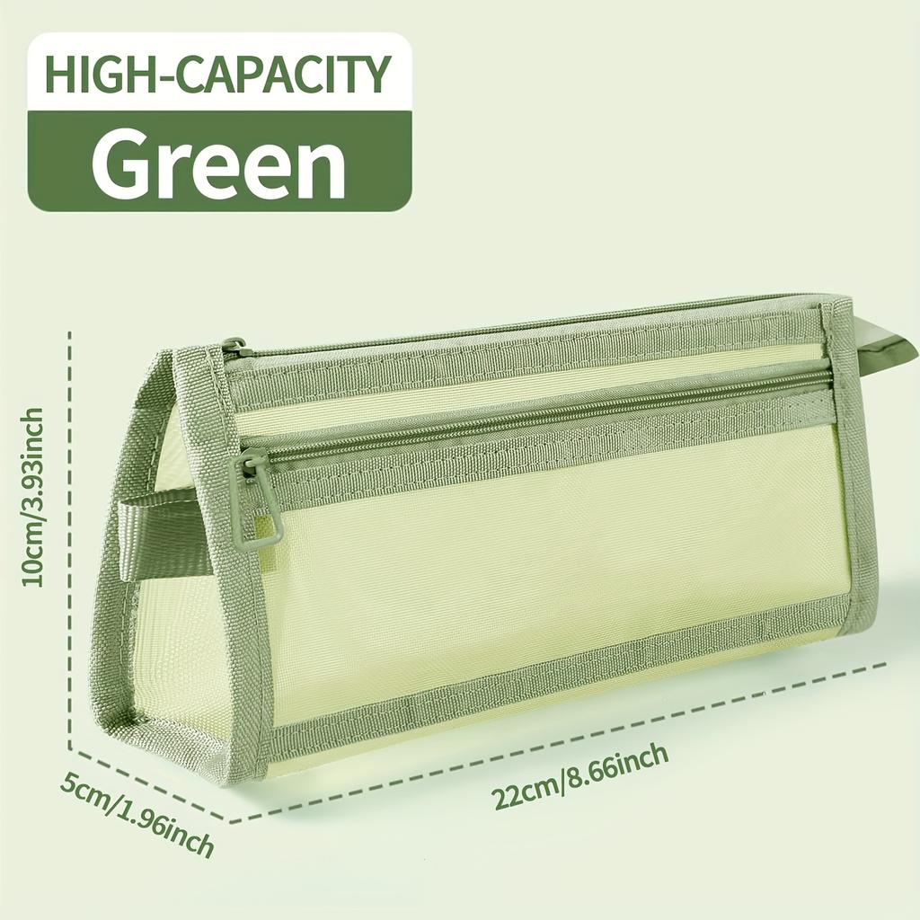 Desk Storage Morandi Grid Mesh Pencil Case, Clear Double-layer Cosmetic Makeup Bag with Zipper & Handle