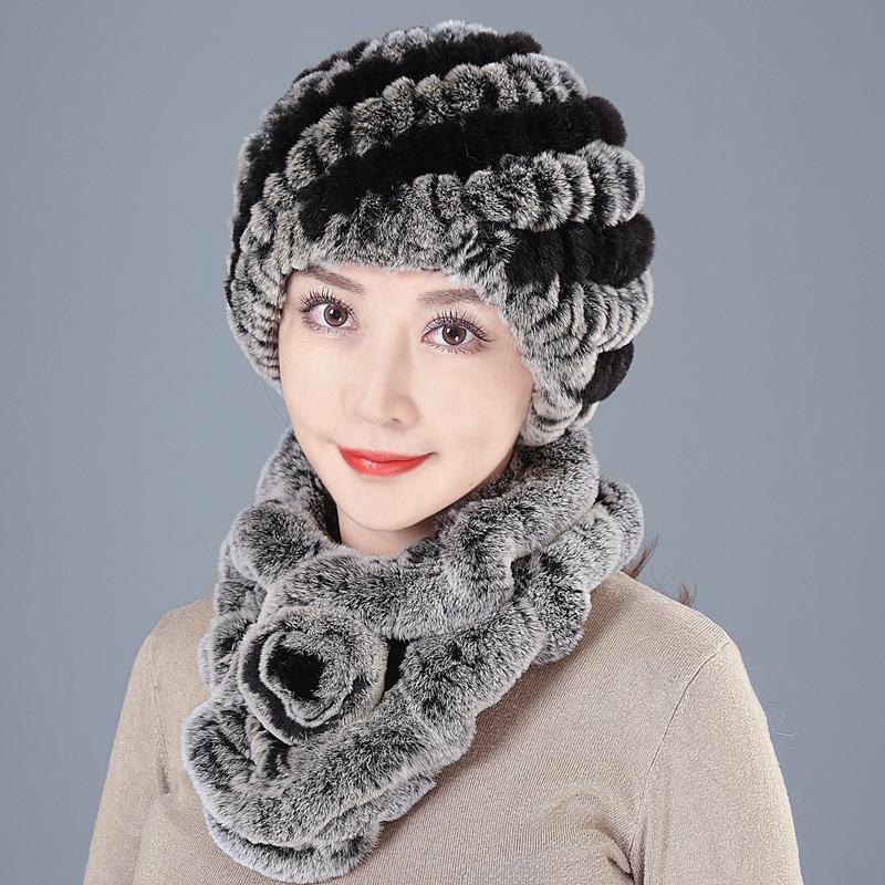 Middle-aged Rex Rabbit Hair Hat Female Autumn and Winter Warm Elderly Grandmother Ear Protection Fur Mother Wool Scarf