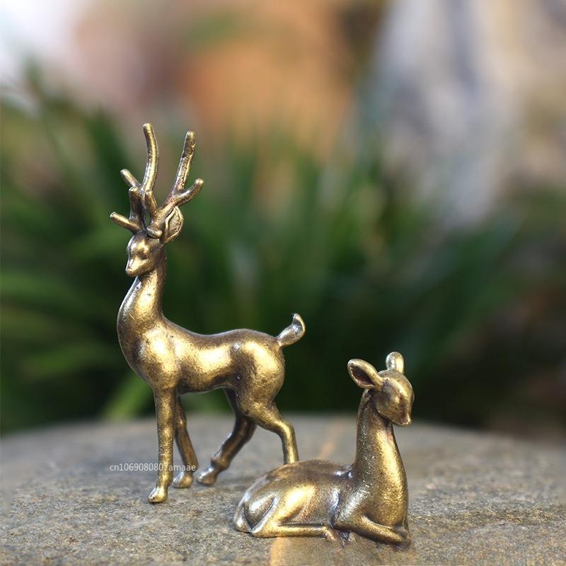 Copper Alloy Sika Deer Tabletop Small Ornaments Vintage Animal Figurines Desk Decorations Accessories Home Decor Crafts