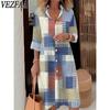 Women's Fashion Spring Fall Colour Block Print Long Sleeve POLO Neck Loose Waistline Casual Dresses