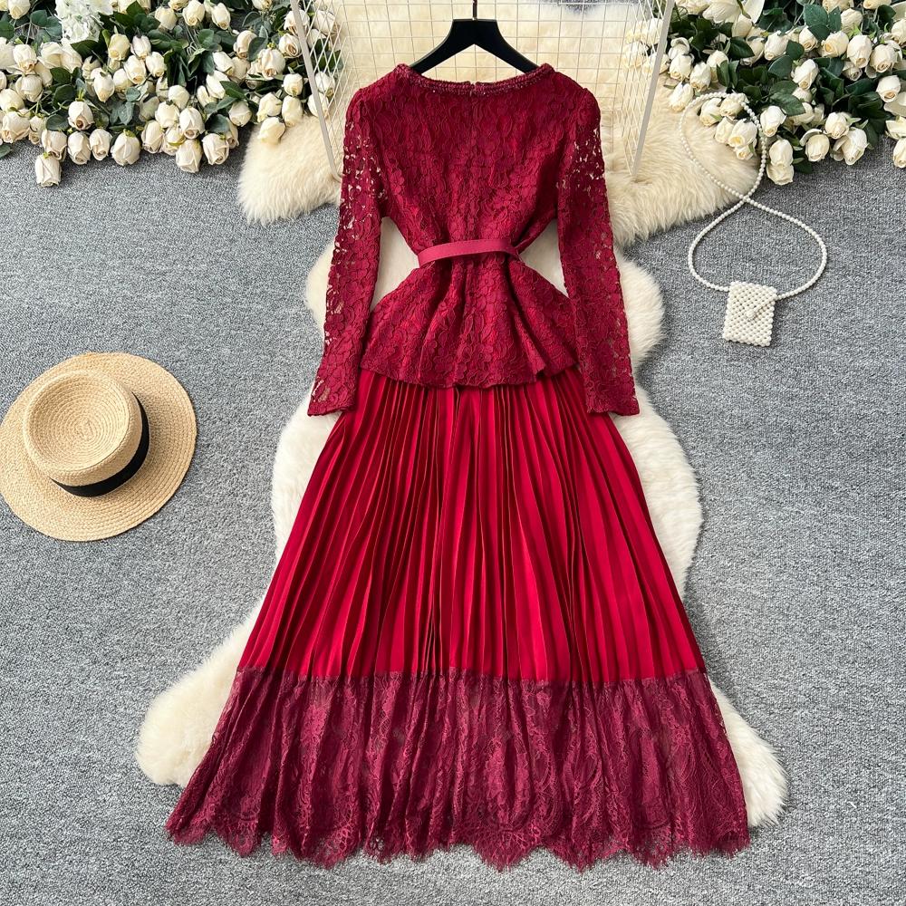 Платье высокого класса для женщин на осень, французская мода, кружевное, с длинными рукавами, пэчворк, с акцентом на талии, плиссированное длинное платье