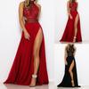 Women's Fashion Sexy See-Through Lace Bare Back High Split Dress Evening Dress