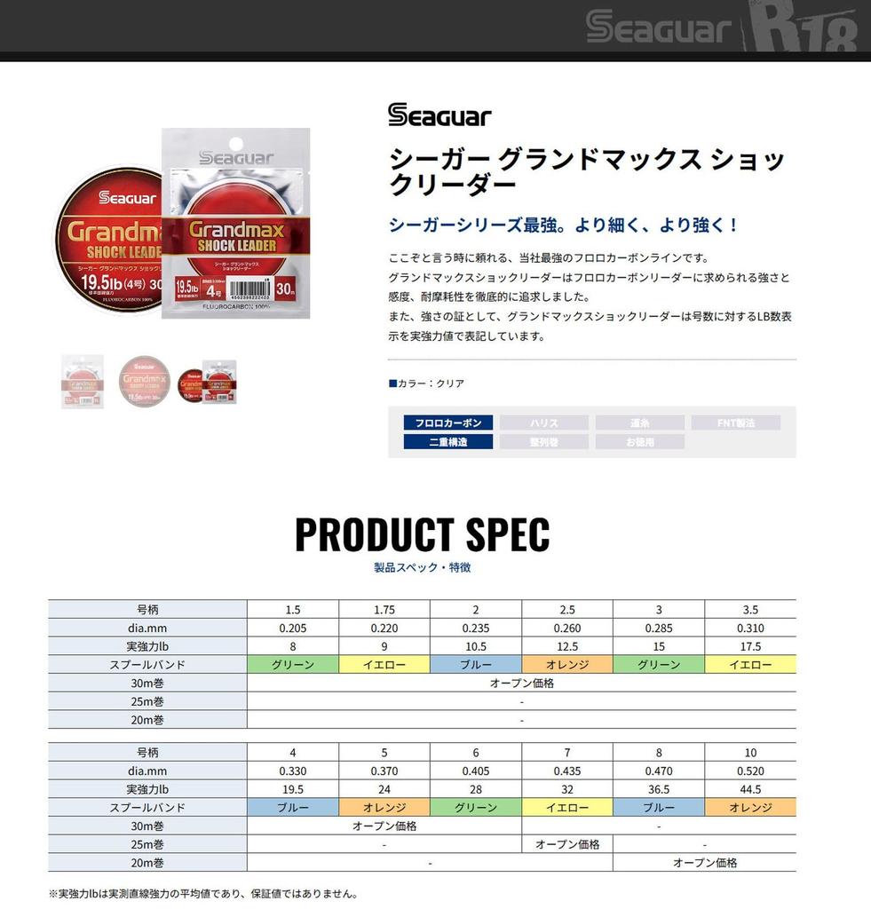 KUREHA Seaguar Grand Max Shock Leader, 25m, 32lb Fluorocarbon Fishing Line, Size 7, Clear