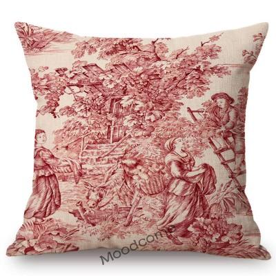 Navy Blue Ink Print Motif Of Toile De Jouy Classic French Pattern Tropical Plant Elephant Pillow Case Linen Car Cushion Cover
