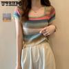 WTEMPO Y2K Knitted Tops Women Rainbow Stripes Tunic Tees Shirts Female Korean Summer Loose Casual T-Shirts