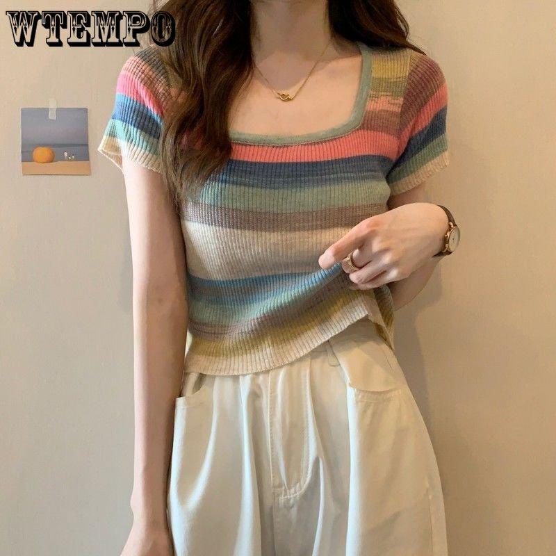 WTEMPO Y2K Knitted Tops Women Rainbow Stripes Tunic Tees Shirts Female Korean Summer Loose Casual T-Shirts