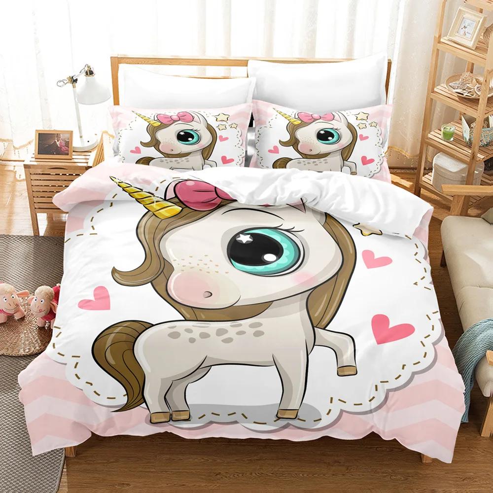 Dreamy Cartoon Cute Bedding Duvet Cover Set Full Size Comforter Sets Pink Princess Unicorn Home Bed Cover Set For Kid Bedclothes