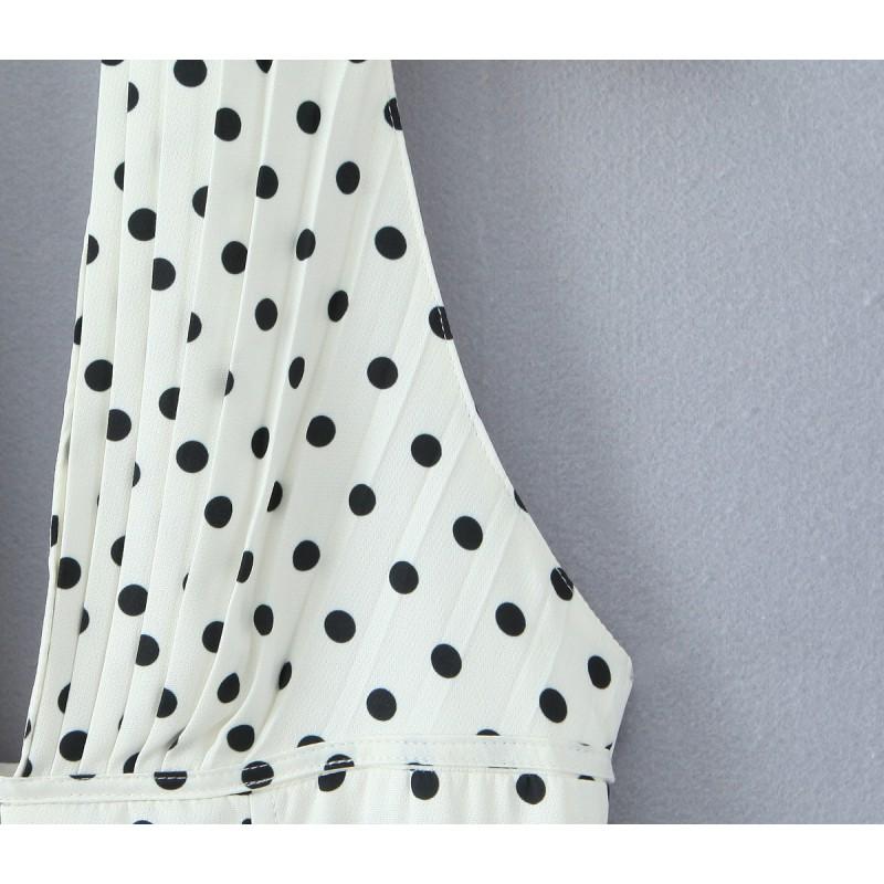 Womens French Vintage Polka Dot Halter Dress Slim Fit Pleated Short Teen Girls