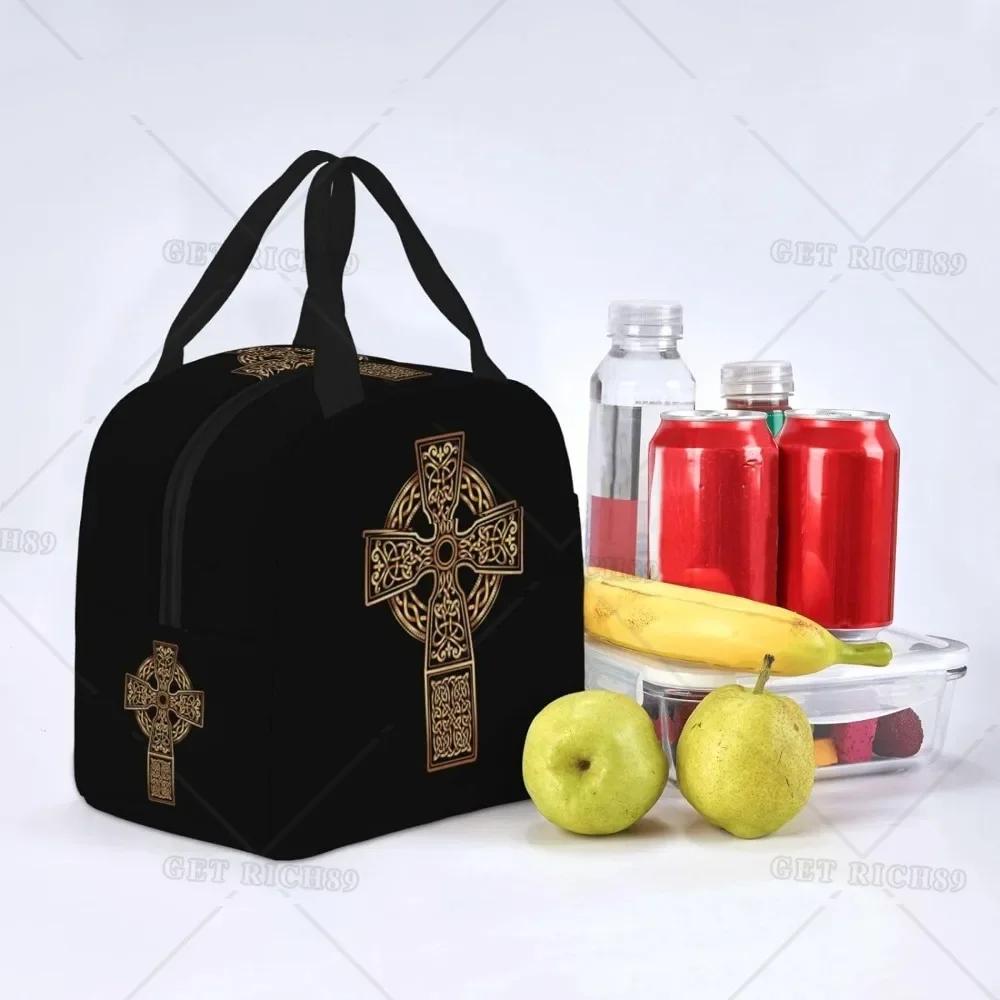 Портативная сумка для ланча Irish Cross из алюминиевой фольги с утолщенной изоляцией черного цвета для женщин и мужчин, многоразовая коробка с карманом для работы в офисе