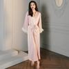 Trendy Women's Long-Sleeved Satin Sleepwear with Feathered Hem and Ice Silk Material