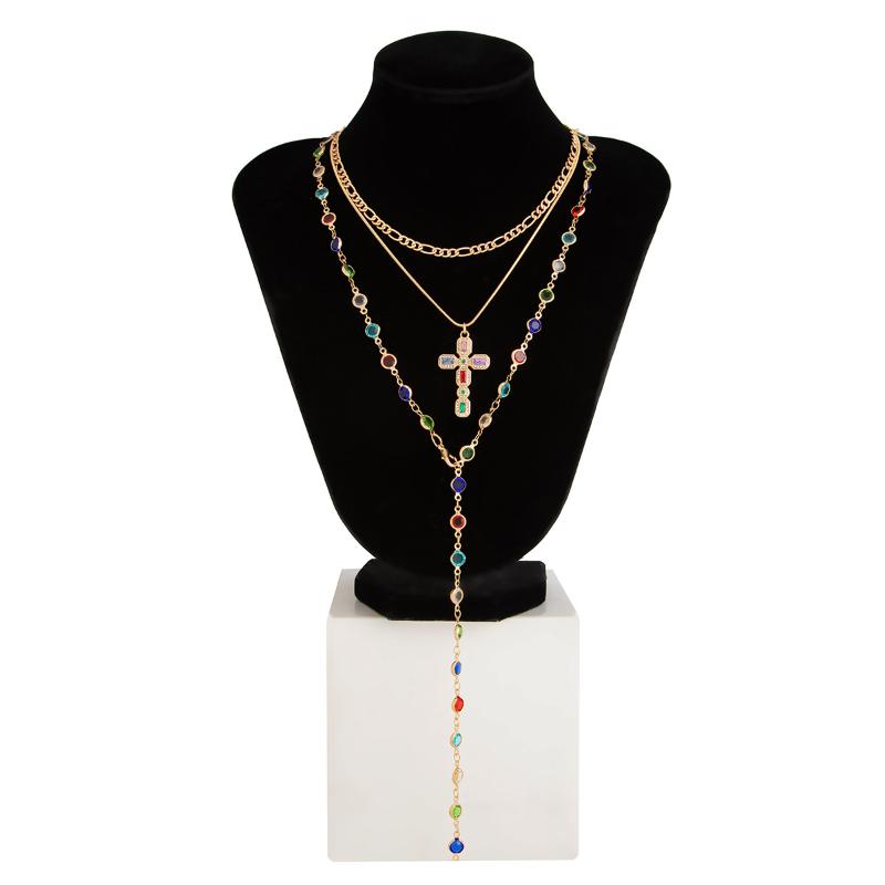 Fashionable Light Luxury Jesus Cross Pendant Necklace Set For Women Trendy Colorful Crystal Chain Choker Christian Jewelry Gift