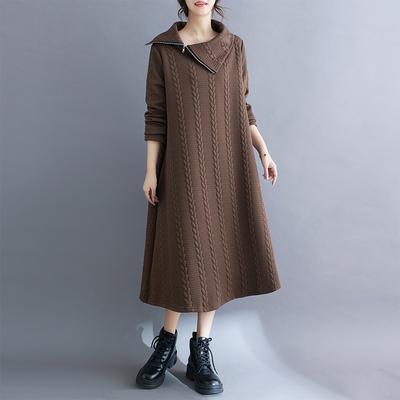 2024 Плюс Размер Осень Однотонное Платье Женщин Новый Молния Пуловер Длинный Рукав Свободная Мода