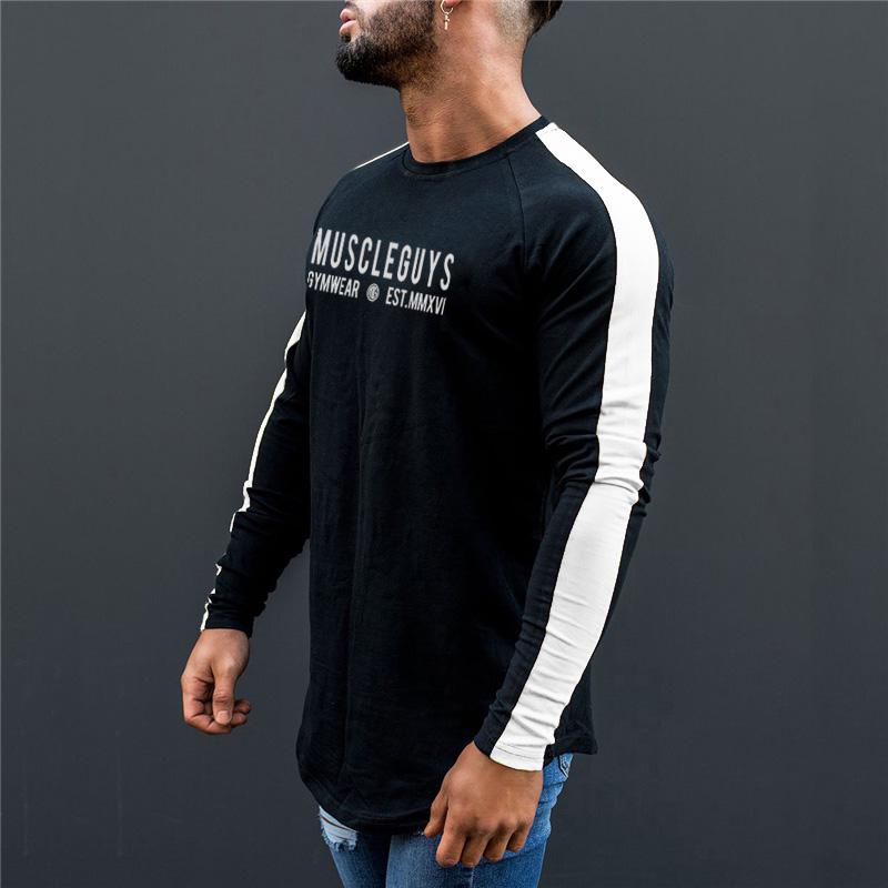 Muscleguys Letter Printed Long Sleeved T-Shirts Mens Sports Undershirts Color Block Tees