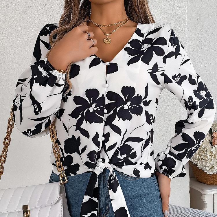 Stylish Print Shirt for Women V-Neck Long Sleeve Season Autumn Spring