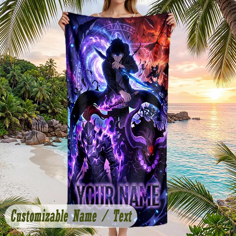 Solo Leveling Beach Towel, Personalized Custom Name Text, Quick Dry Large Absorbent Towel For Beach Pool
