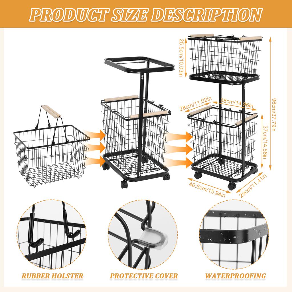 2 Tier Laundry Cart with Wheels Metal Frame 2-Section Storage Basket Bathroom Organizer Cart for Laundry Room Closet Storage
