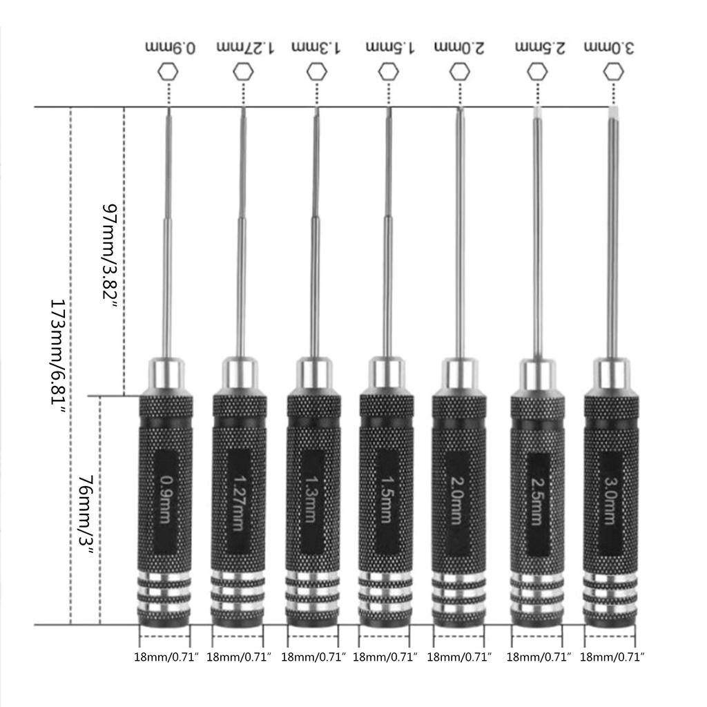 7 Pieces Hex Screwdriver Tool Set Mini Screwdriver with Precision Handle 0.9mm-3.0mm for RC Helicopter Model Repair Tool