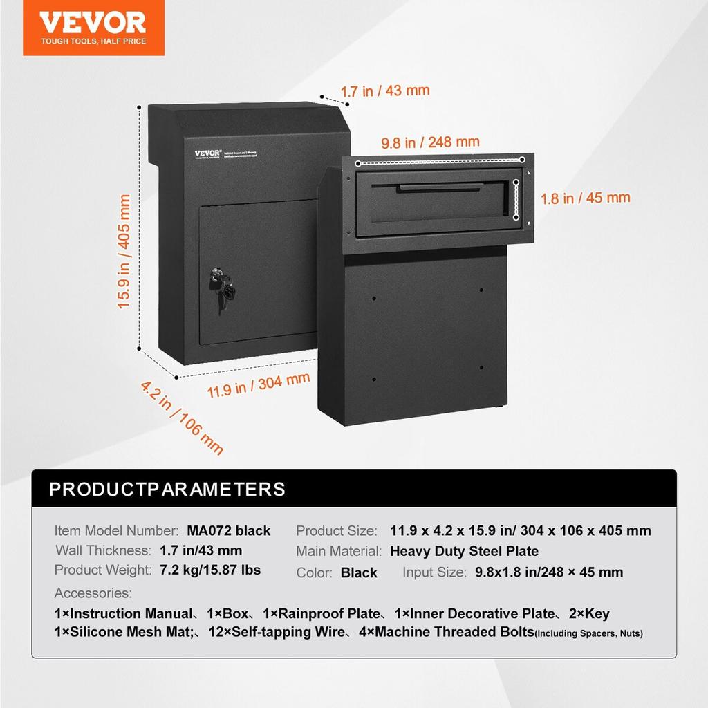Through The Door Key Drop Box 12x6x16" Mailbox with 1.8"12" Key Lock Black