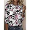 Round Neck 3D Skull Printed Top Casual Long Sleeved Women's T-shirts - Soft Medium Stretch Polyester Fabric Spring and Autumn Relaxed Fit Clothing