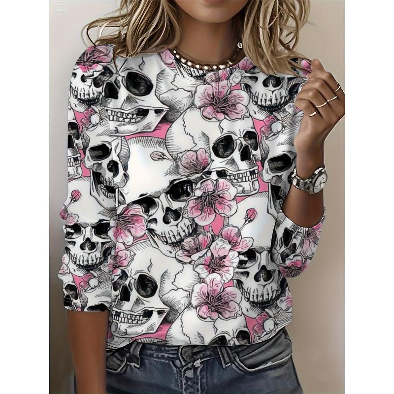 Round Neck 3D Skull Printed Top Casual Long Sleeved Women's T-shirts - Soft Medium Stretch Polyester Fabric Spring and Autumn Relaxed Fit Clothing