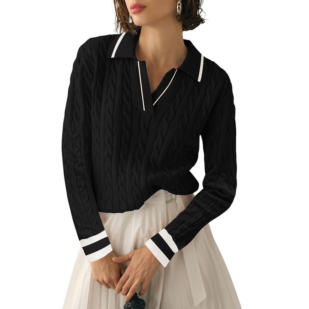 Women's Lapel Casual Soft Sweater Cable Knit Pullover