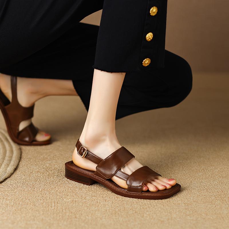 2024 Новые женские сандалии в римском стиле, летние гладиаторские туфли на толстом каблуке, женская повседневная рабочая обувь в стиле ретро из натуральной кожи