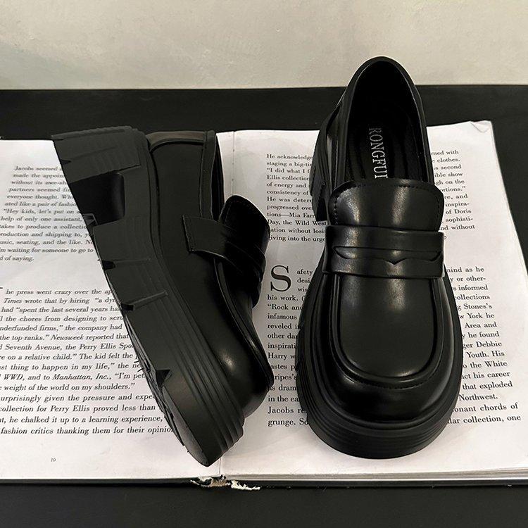 Лоферы женские модели летние маленькие кожаные туфли толстые с ретро черными толстыми подошвами туфли
