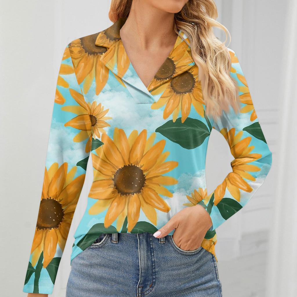Women's Fashion Leisure Long Sleeve V Neck Flower Printing Top