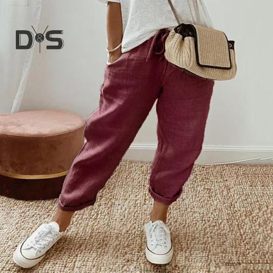 Женские повседневные брюки, однотонные свободные длинные брюки, эластичный пояс, регулируемые брюки на шнурке с карманами