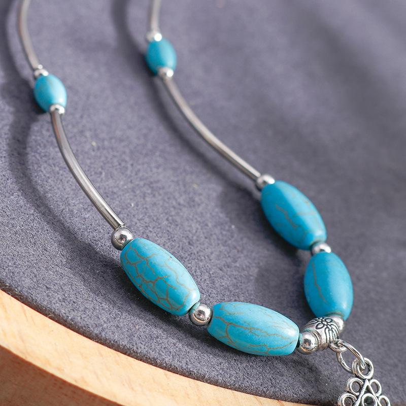 Персонализированное винтажное ожерелье в национальном стиле, бирюзовый кулон с кисточкой в ​​виде листа, синее бирюзовое ожерелье