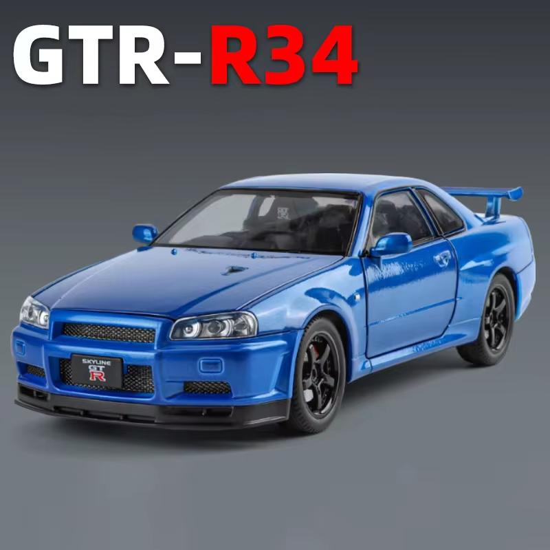 1:24 Полномасштабная модель автомобиля GTR R34 с четырьмя колесами, амортизирующим рулевым управлением, четырьмя дверями, литой под давлением, со звуком и светом, инерционная модель, игрушечный подарок для мальчика