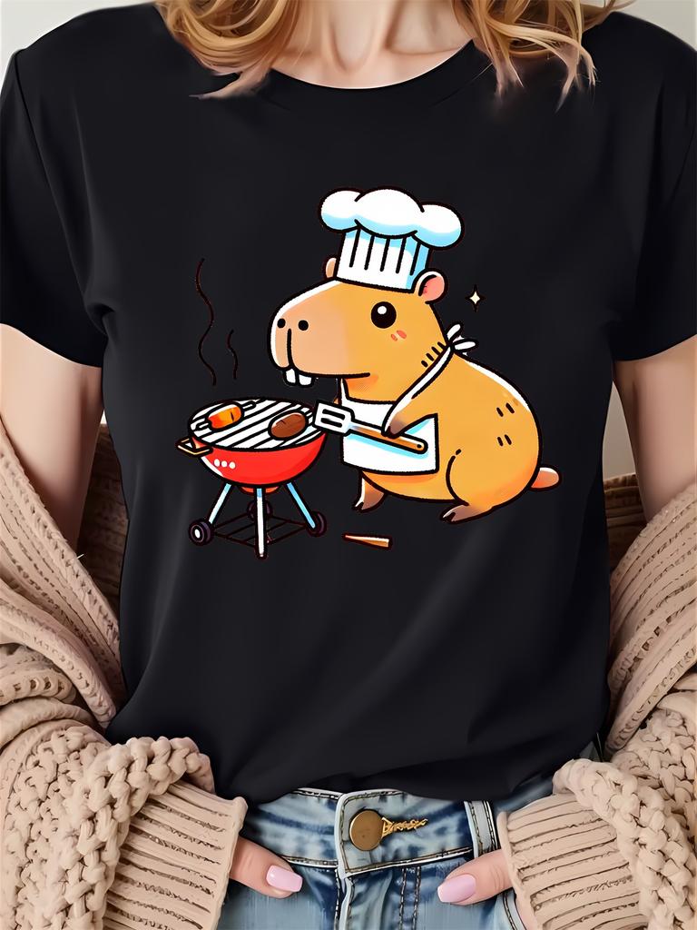 Unisexs White Short Sleeve TShirt Cute Guinea Pig Chef BBQ Graphic Print Short Sleeved Harajuku Streetwear Tops Tees