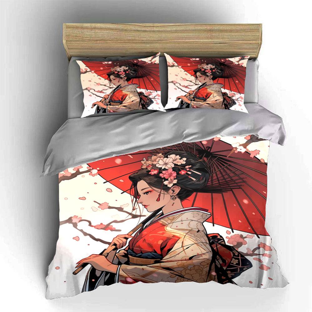 "Japanese Kimono Set Decoration Artwork" Bedding Set with 1 Duvet Cover 2 Pillowcases Single Double King Queen Gift