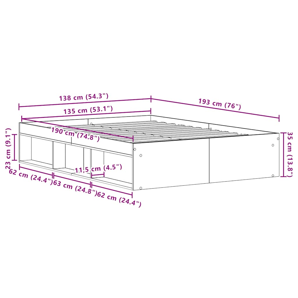 Bed Frame without Mattress Rustic Wood Look 135 x 190 cm Engineered Wood