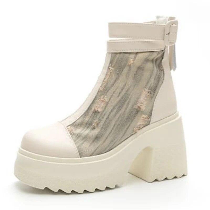 Джинсовые ботинки Fujin из натуральной кожи 10 см, осенне-весенние женские мотоциклетные ботильоны, модная обувь на платформе до середины икры на толстом каблуке