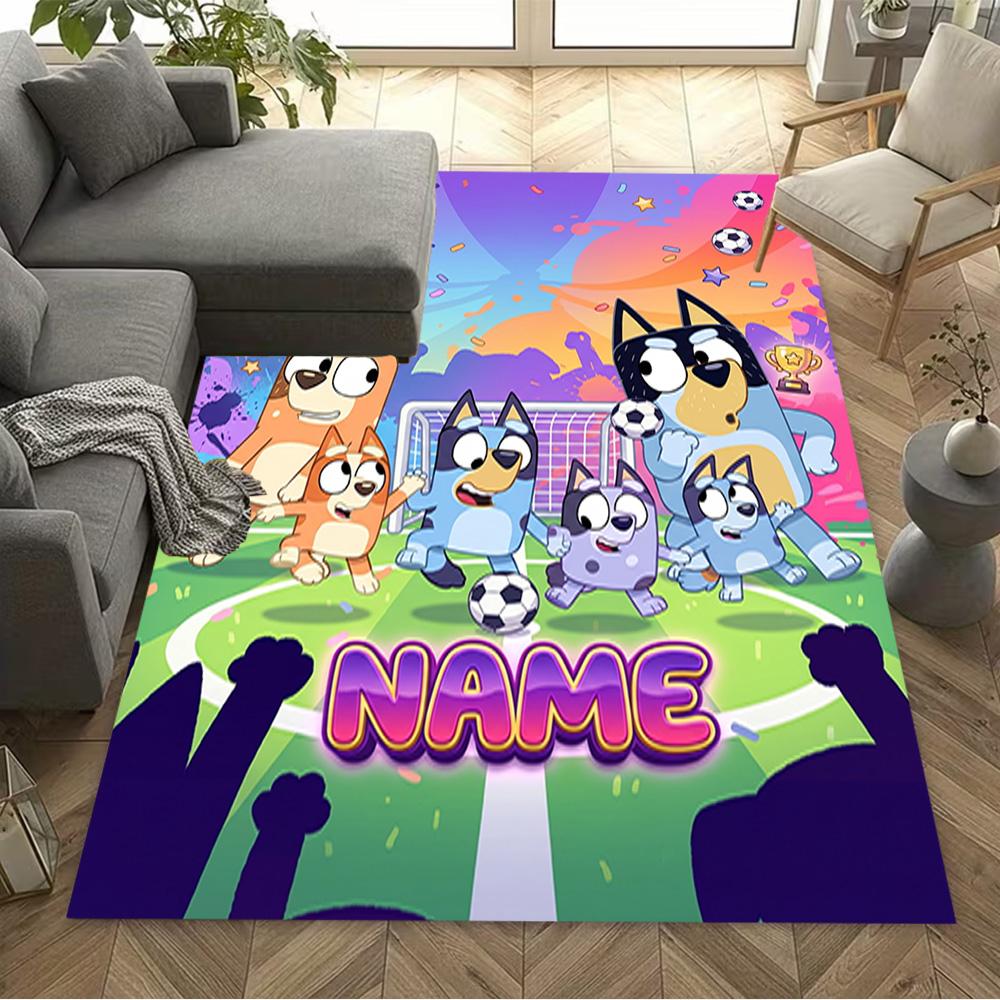 Bluey's Soccer Adventure Personalized Name Floor Rug Office Rug Suitable for Dining Room Study room Game Room Entryway Anti-slip Rug Office home decor
