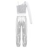 Girls Sparkly Sequins Dance Set Sheer Mesh Long Sleeve One Shoulder Crop Top Metallic High Waist Pants
