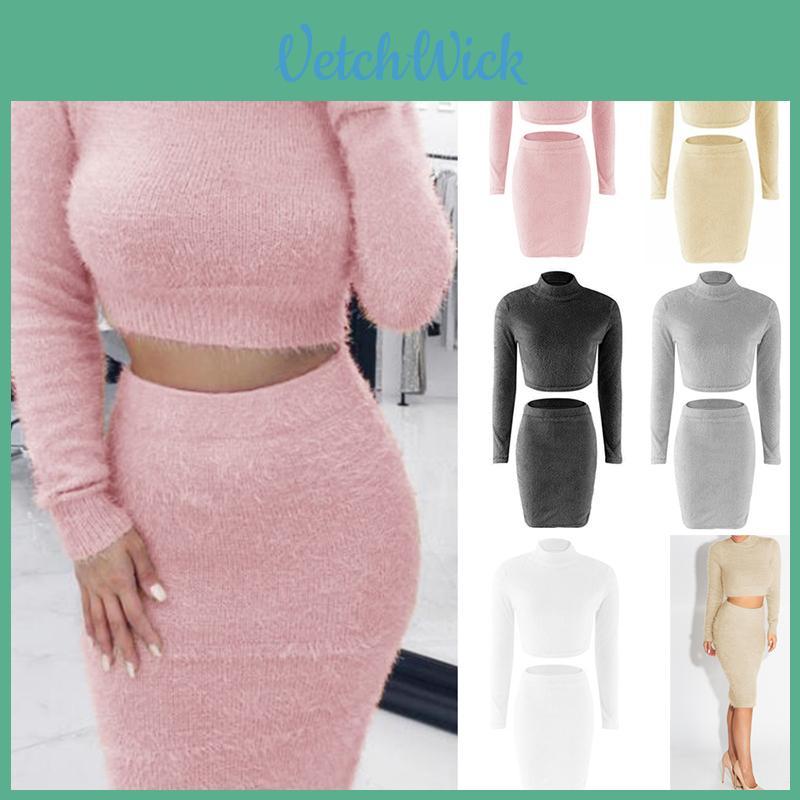 Stylish 2pcs/set Winter Sexy Womens Sweater Dress Bodycon Crop Top And Skirt Set