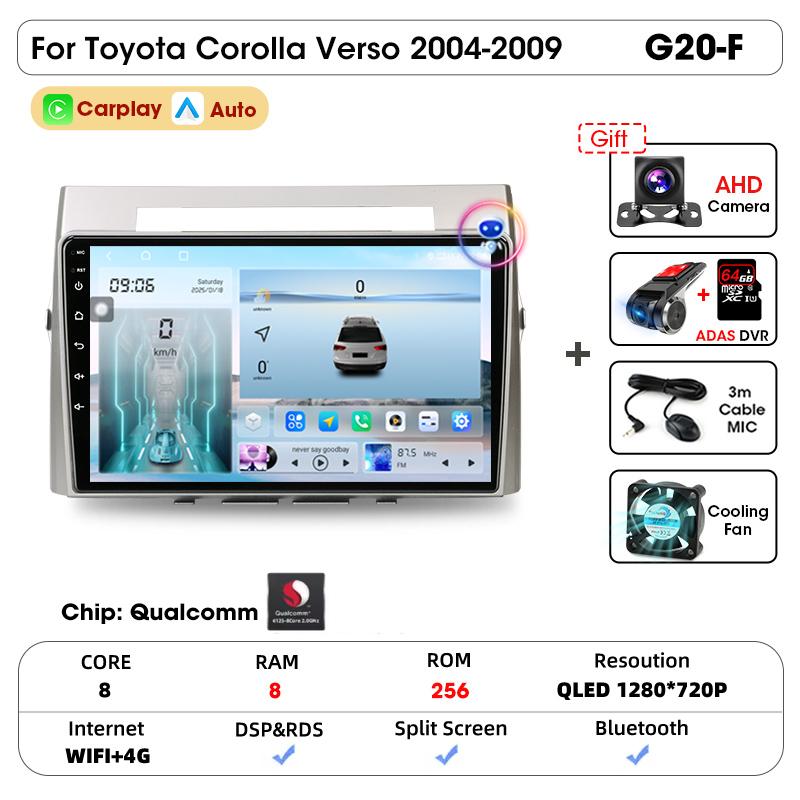 For Toyota Corolla Verso 2004 - 2009 HiFi Stereo 9 Inch Car Radio GPS Navigation Multimedia Video Player Wireless Carplay Android Auto Plug-and-Pla