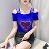 Новая летняя женская футболка с короткими рукавами Элегантная приталенная блестящая с сердечком из бриллиантов Сетчатые топы Шикарная девичья сексуальная футболка с открытыми плечами