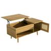 Elegant coffee table with liftable tabletop and rattan doors, wood color with black accents, ideal for the living room