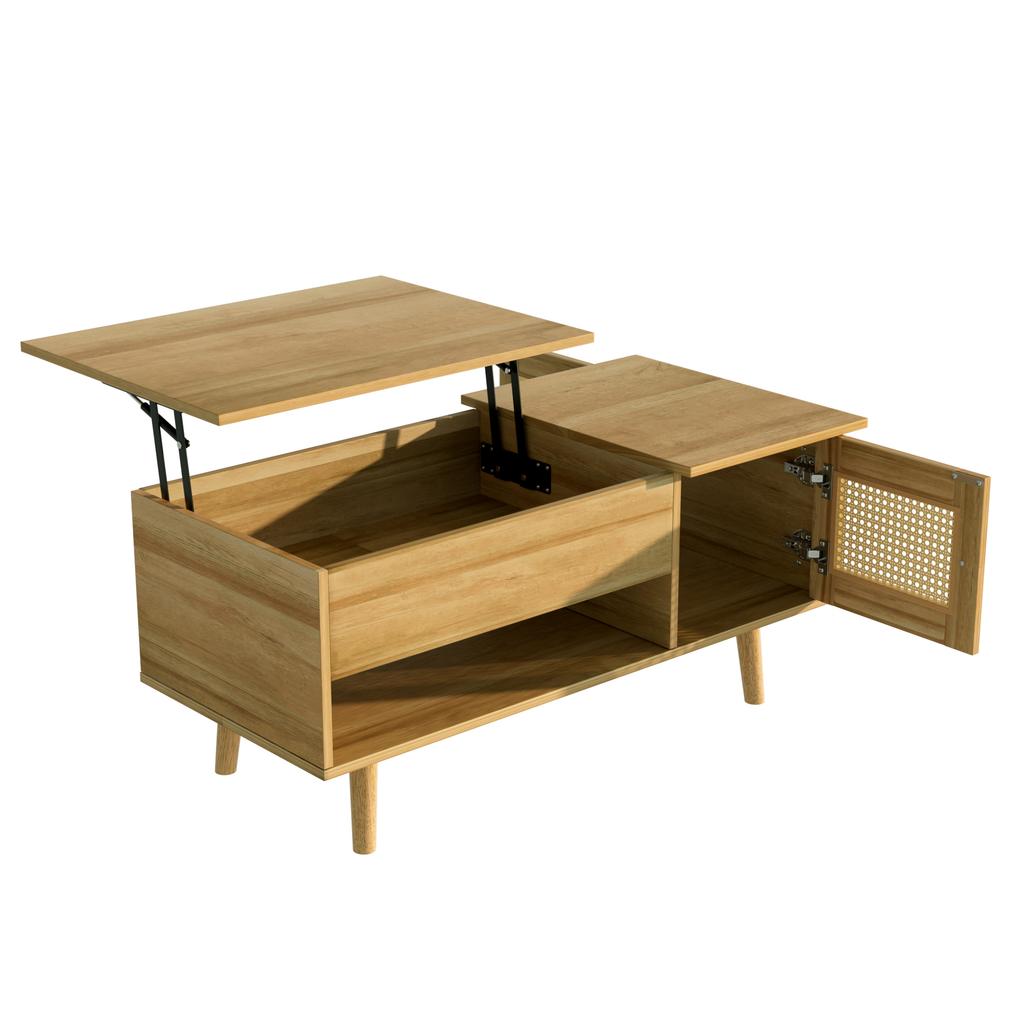Elegant coffee table with liftable tabletop and rattan doors, wood color with black accents, ideal for the living room