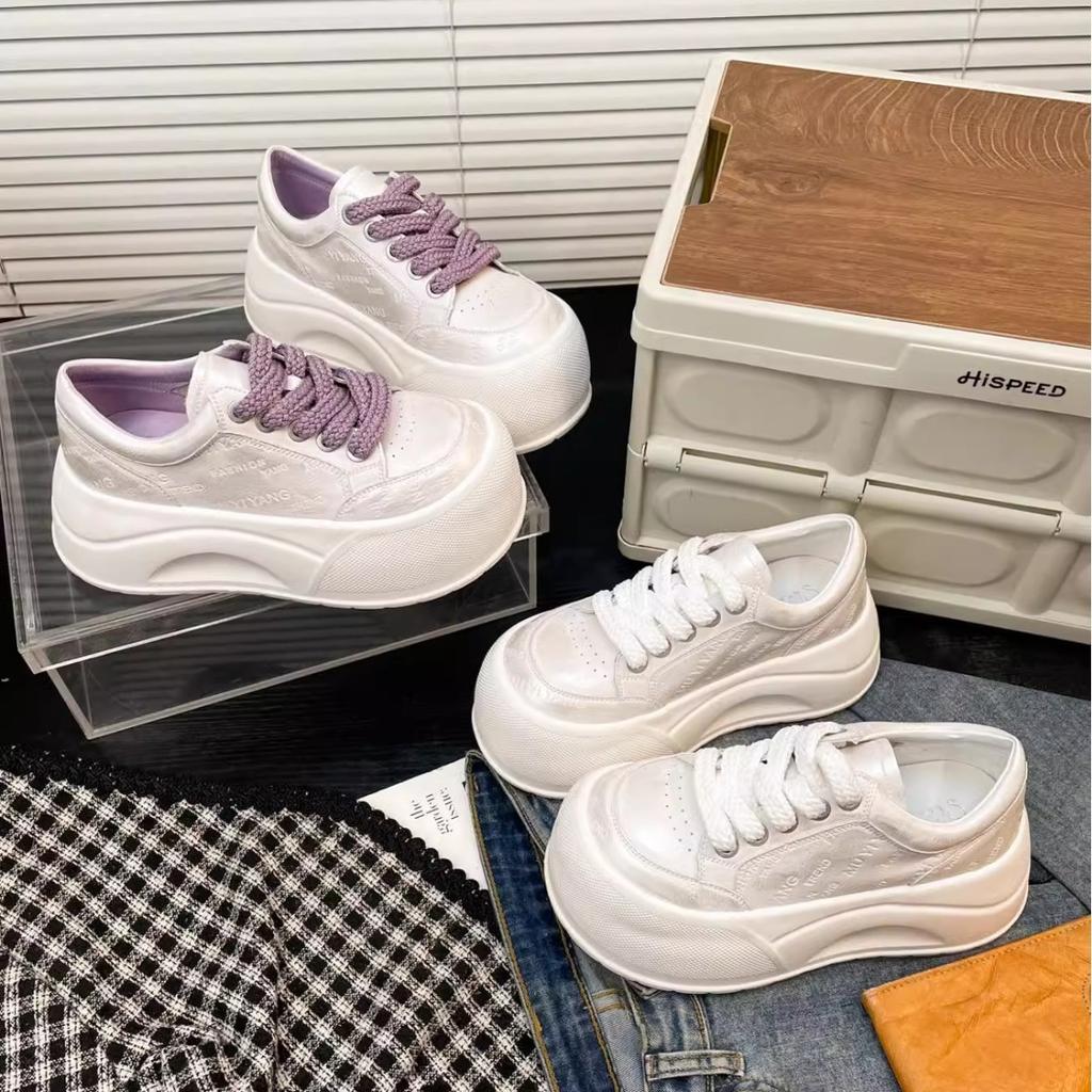 Leather Letter-printed Thick-soled Muffin White Shoes Women's Big-headed Bread Shoes Ultra-light and Versatile Small Casual Board Shoes