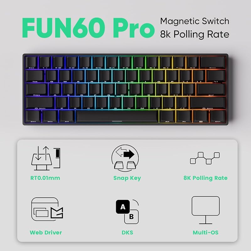 [Оригинальный продукт для внутреннего рынка] MonsGeek FUN60 Pro SP Проводная модель HE-сенсор 0,01 мм Совместимость с Rapid Trigger Магнитный переключатель Akko Glare Magnetic Switch