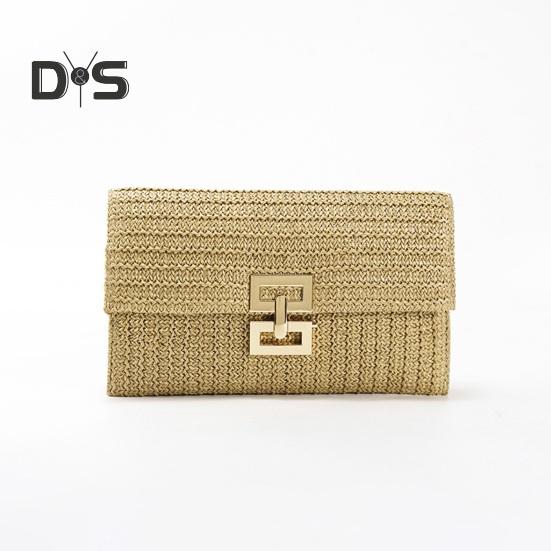 Women Clutch Bag Envelope Shape Bohemian Style Foldable Double-layer Straw Braided Solid Color Portable Summer Beach Vacation Handbag